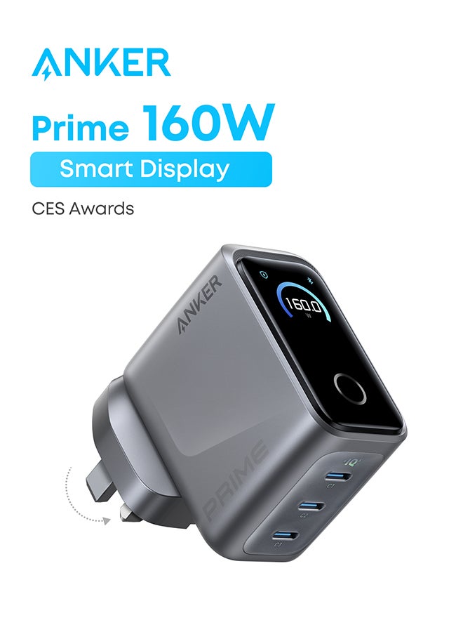 Anker Prime USB C Charger, 160W 3-Port Compact USB C GaN Charger, Smart Display and Touch Control, 140W Any-Single-Port Charging for MacBook, iPad, iPhone 17/16 Series, and More (Cable Not Included)